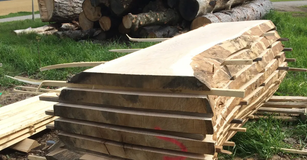 Stacks of freshly milled lumber and raw logs from Sharpe Tree Service saw milling in Southwestern Ontario.