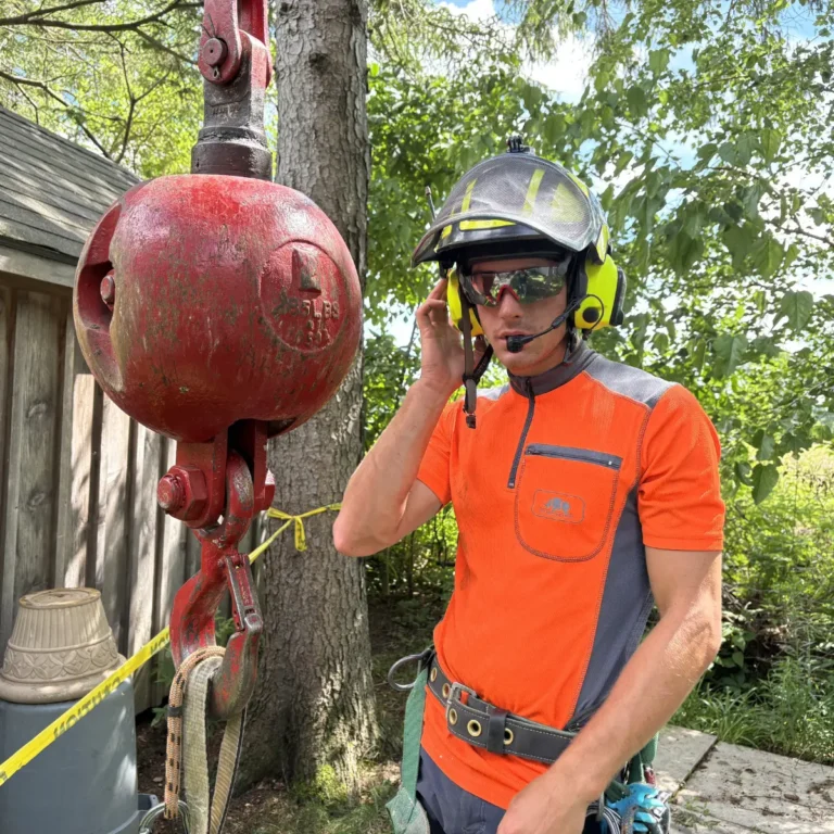 A crew member in a high-visibility orange shirt and yellow-trimmed safety helmet adjusts their headset microphone next to a red spherical pulley rigged to a large tree in a residential yard. The rigging equipment and rope are in position for overhead tree work operations.
